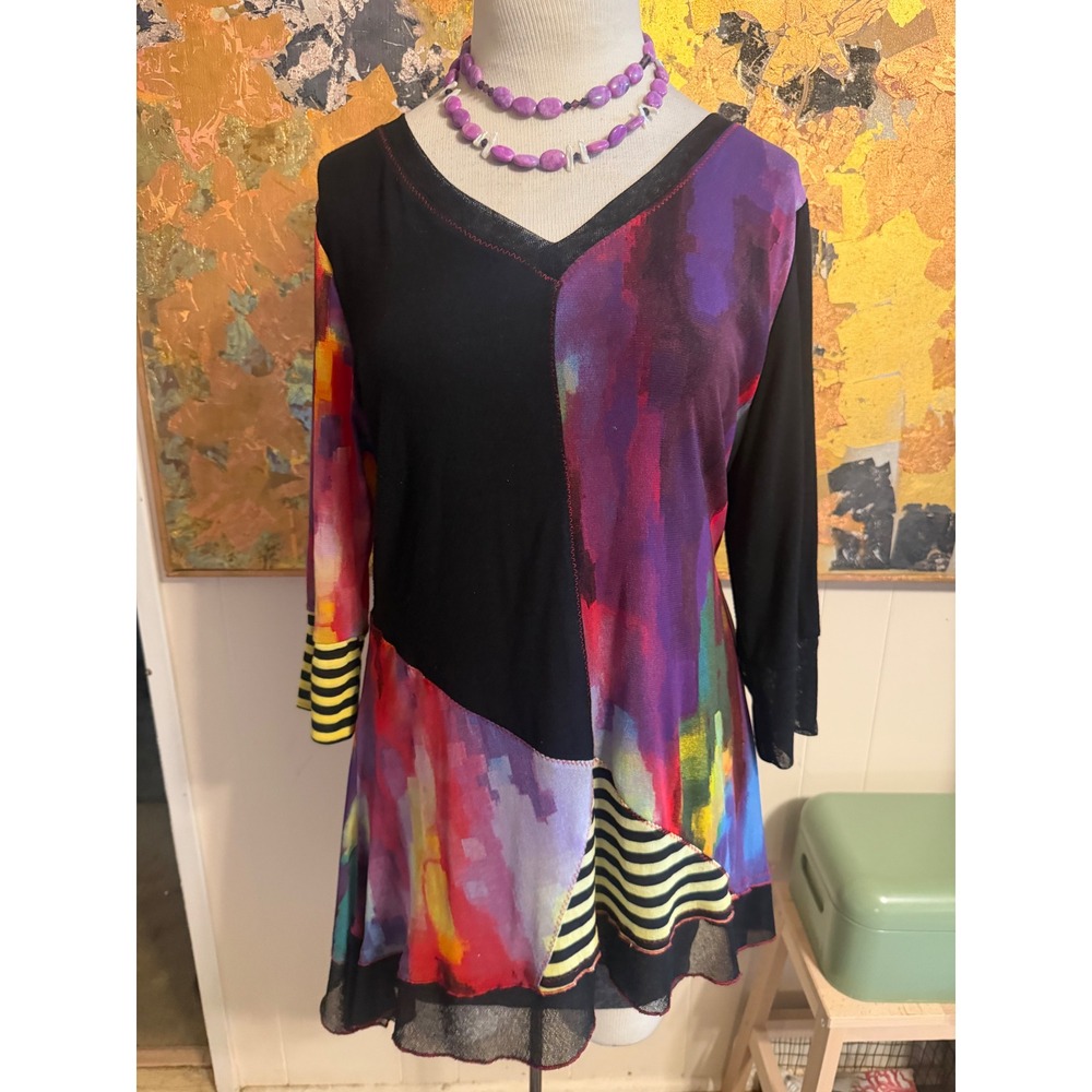 Lior Paris Womens XL Tunic Top Abstract Mesh Striped Asymmetrical Hem Artsy!